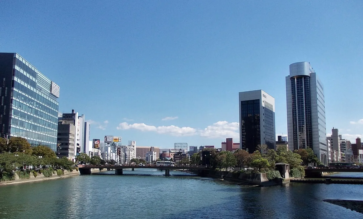 Nakasu district and riverfront buildings in central Fukuoka