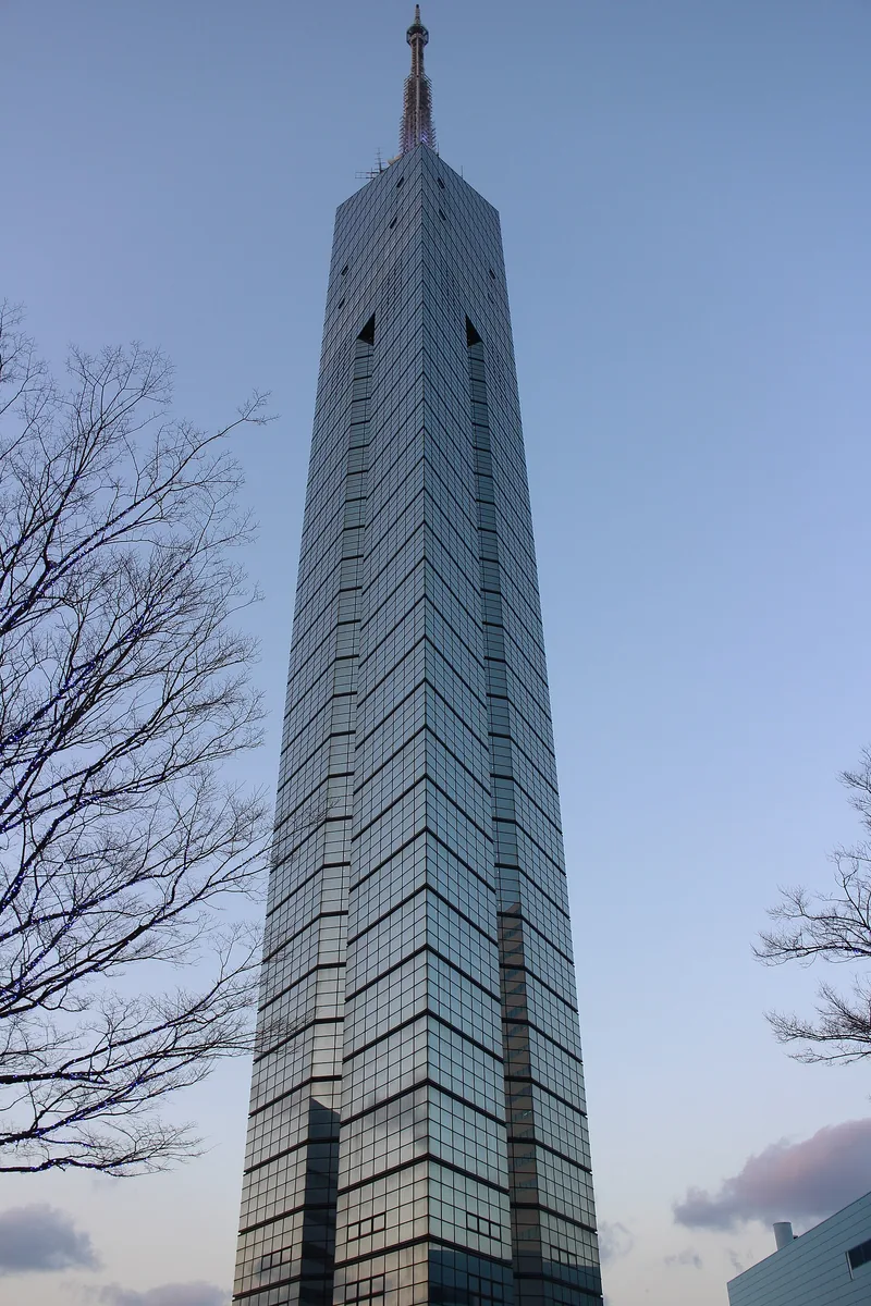 Fukuoka Tower at dusk behind leafless winter trees