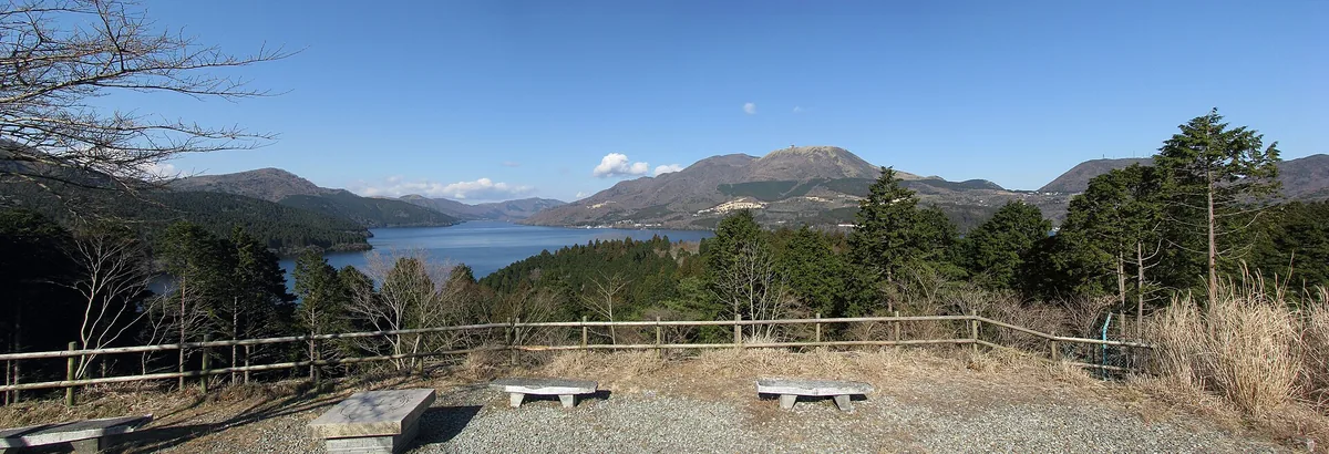 Panoramic view across the Hakone volcanic mountains and Lake Ashi