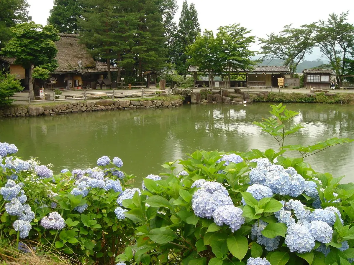 Pond and traditional rural buildings at Hida Folk Village in Takayama