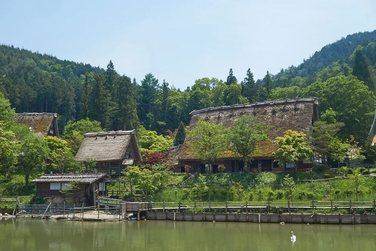 Wide view across the pond to traditional thatched buildings at Hida Folk Village in May