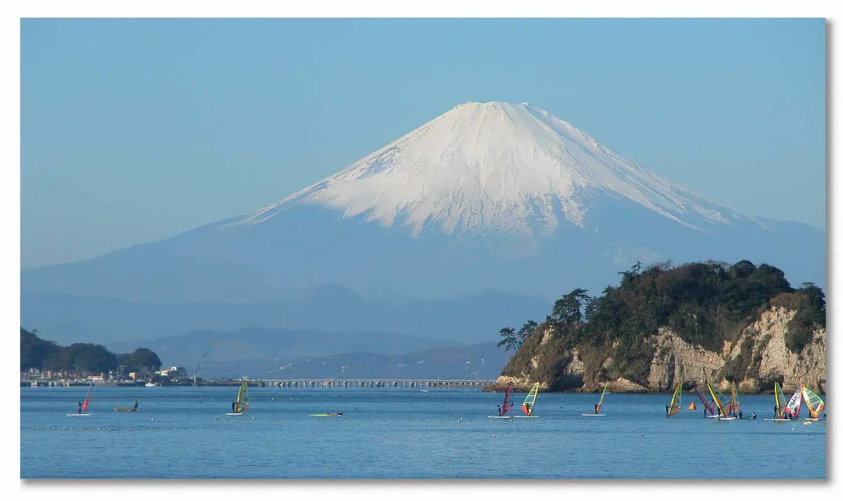 Mount Fuji beyond Enoshima as seen from the Kamakura coast