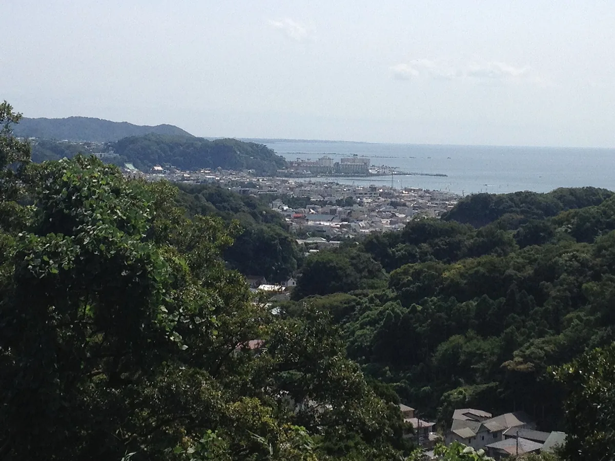 Kamakura city and coastline seen from the surrounding wooded hills
