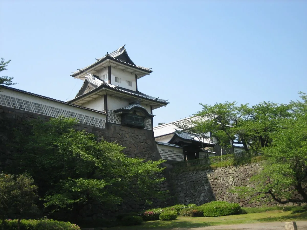 Ishikawamon Gate and stone walls at Kanazawa Castle in spring