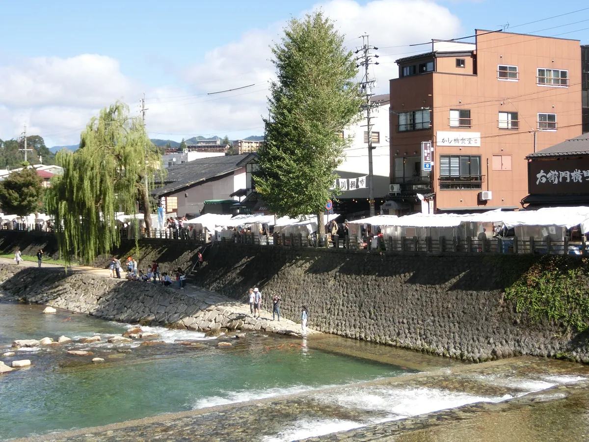 Miyagawa Morning Market viewed across the river in Takayama