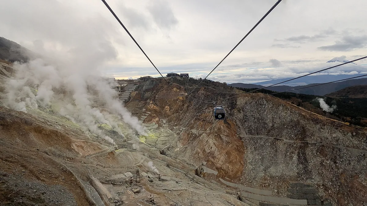 Hakone Ropeway crossing Owakudani with Mount Fuji in the distance