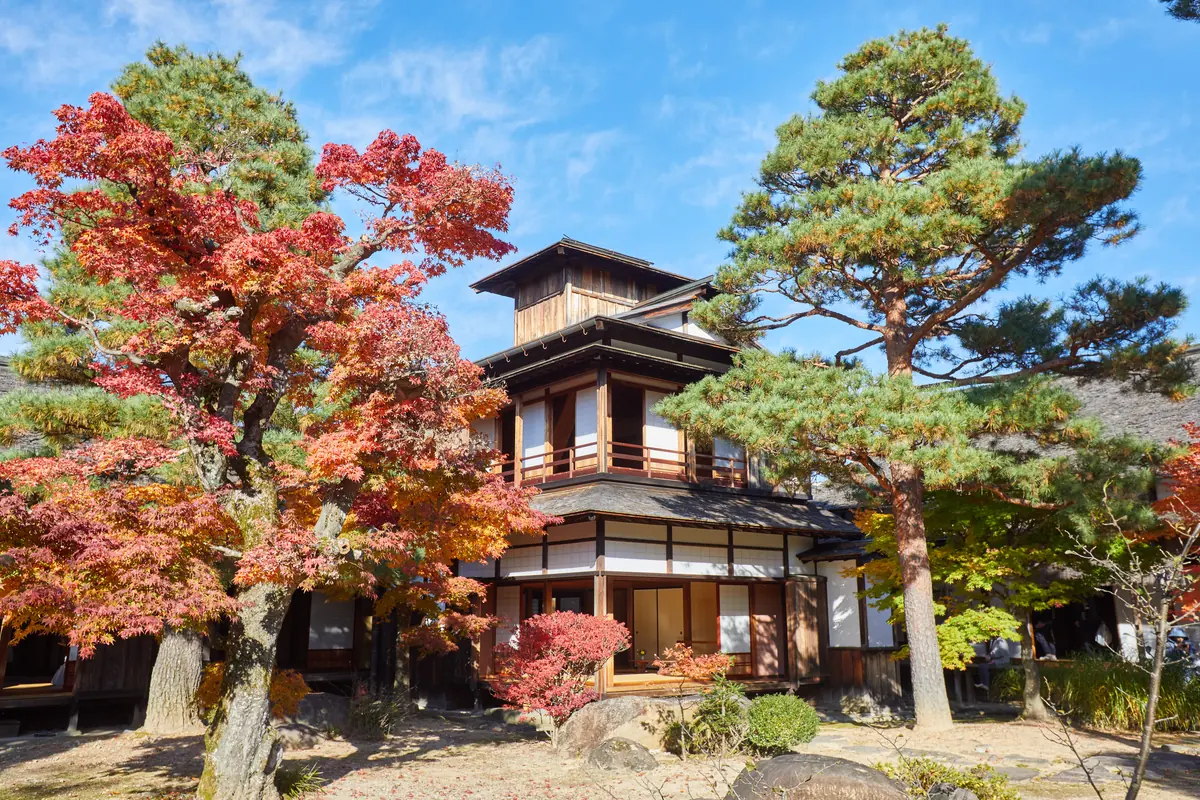 Historic building framed by red autumn foliage at Takayama Jinya