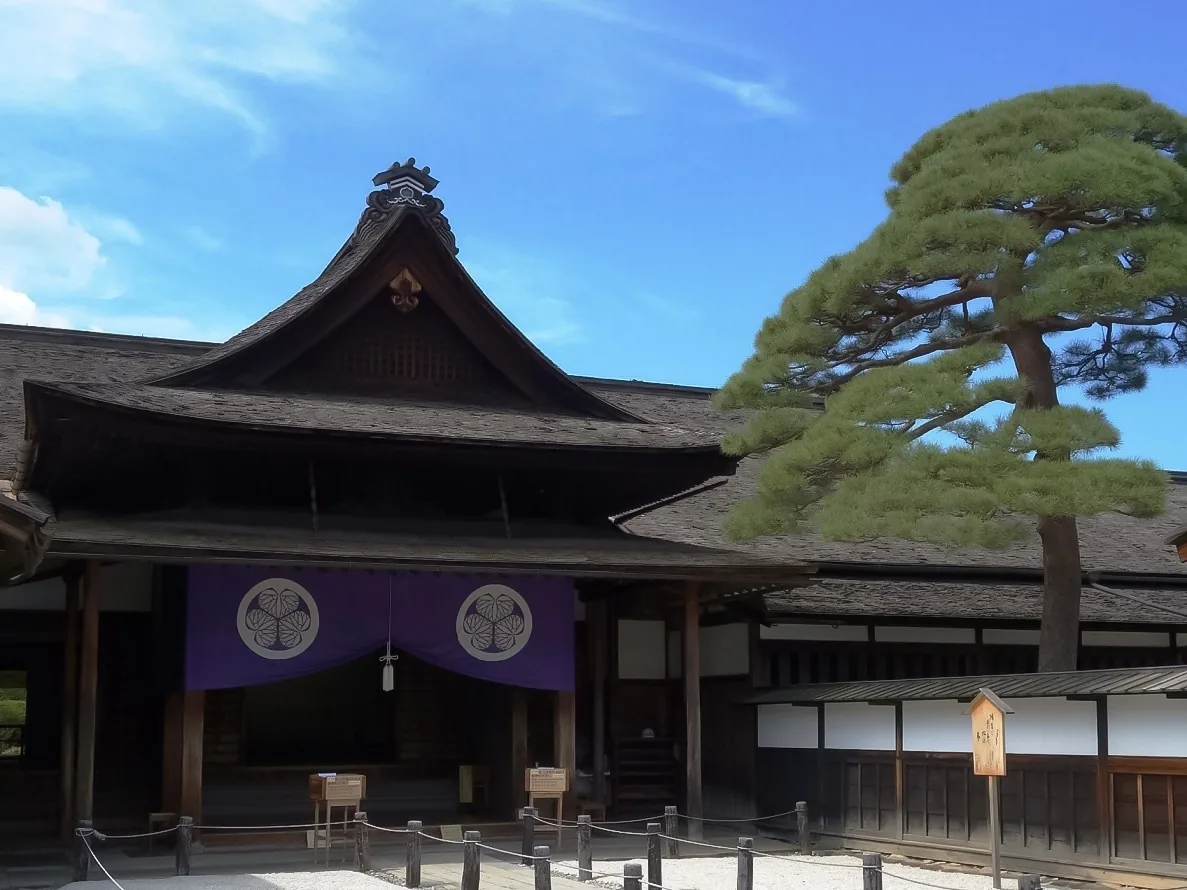 Main historic building and sculpted pine tree at Takayama Jinya